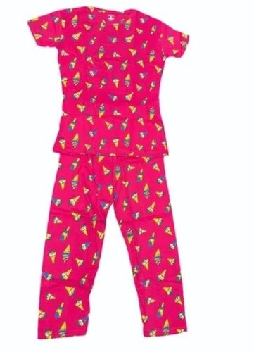 Pink Color Printed Pattern Girls Cotton Night Suit