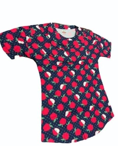 Girls Navy Blue Printed Cotton T Shirt For Party Wear