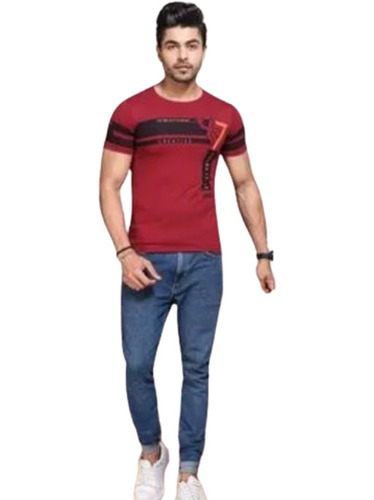 Men's Casual Cotton Printed T-Shirts - Size M L XL XXL Red Color with Half Sleeves and Round Neck