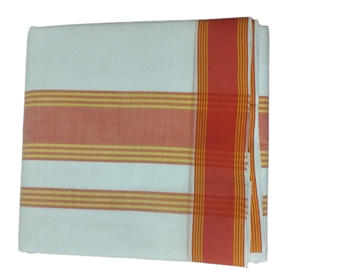 6m Red Border White Cotton Dhoti - Unstitched, Vertical Stripe Pattern for Festive Wear | Unisex, Machine Washable, With Decorative Border Stitch