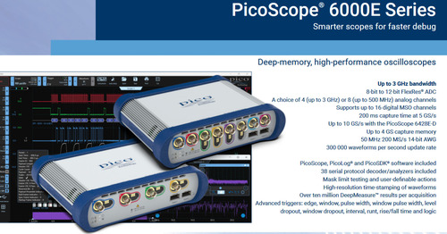 Picoscope 6000E श्रृंखला तक 8 चैनल के ऑसिलोकॉप्स और MSO 16 डिजिटल चैनल