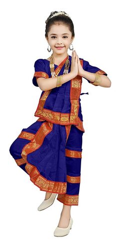 Bharatnatyam Dance Fancy Dress And Costume Blue - Silk Fabric, Sizes 4 Years to Adult, Color Blue with Green Border | Includes Blouse, Saree, Pallu, Dance Belt - Silk Fabric, Sizes 4 Bharatnatyam Dance Fancy Dress And Costume Blue - Silk Fabric, Sizes 4 Years to Adult, Color Blue with Green Border | Includes Blouse, Saree, Pallu, Dance Belt - Silk Fabric, Sizes 4