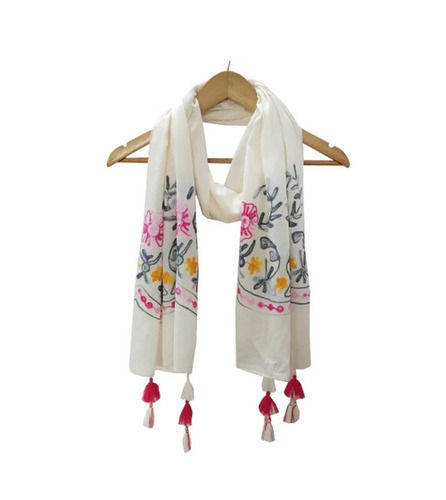 Embroidered Scarf - Viscose, 180 cm Length, White Color | Lightweight, Breathable, Quick Dry, Fade & Wrinkle Resistant, Machine Washable