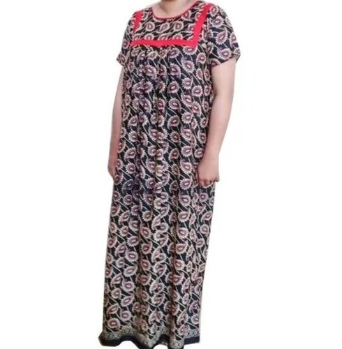 Ladies Printed Cotton Night Gown - Free Size, Full Length, Round Neck, Half Sleeves, All Colors | Comfortable Cotton Fabric, Short Sleeve Style
