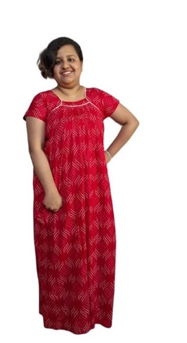 Ladies Cotton Printed Nightie - All Sizes Regular Fit | Short Sleeves in Bright Red