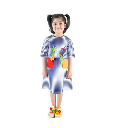 Casual Wear Regular Fit Short Sleeves Breathable Readymade Striped Girls Frocks