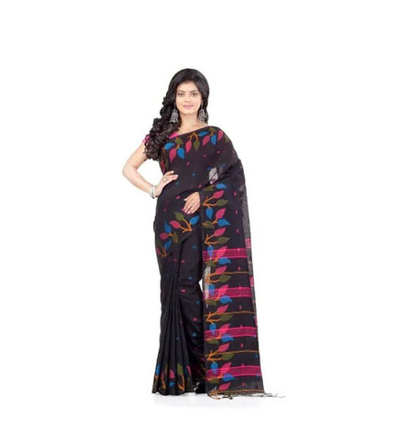 Black Handloom Saree - 5.5 Meters with Unstitched Blouse | Breathable Lightweight Fade and Wrinkle Resistant Comfortable for All Seasons