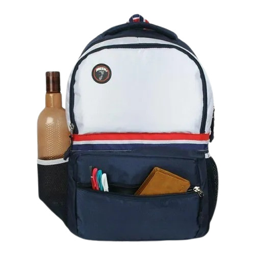 नीला और सफेद कॉलेज बैग