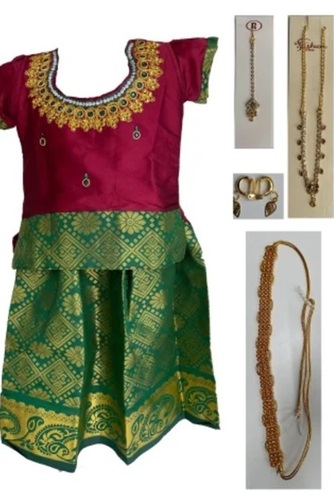 Girls Jaquard Embroidered Pattu Pavadai - Regular Fit Multi Color Hand Washable | Short Sleeves Breathable Fabric