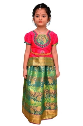 Traditional Kids Girls Pattu Pavadai - Jacquard Multi-Color Hand Work Ethnic Wear for Ages 0-12 Years | Short Sleeves Breathable Washable