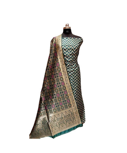 Party Wear Breathable Normal Shine Skin-Friendly Printed Banarasi Silk Unstitched Ladies Suit