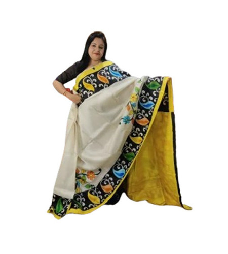 White Bishnupuri Silk Saree - 5.5 Meter Length with Unstitched Blouse Piece Fade & Wrinkle Resistant Breathable & Comfortable for Adults