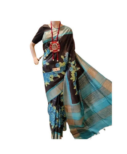 Zari Work Tussar Silk Saree - 5.5 Meter Length, Blue & Black Color | Breathable, Easy Washable, Quick Dry, Skin-Friendly, Comfortable, Lightweight, Fade & Tear Resistant, Regular Fit with Unstitched Blouse Piece