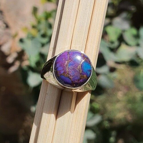 Mens Wide Band Sterling Silver Dome Ring With Mohave Purple Copper Turquoise