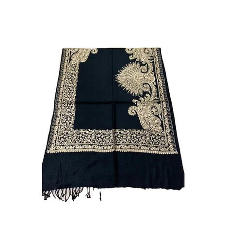 Black Kashmiri Silk Stoles - Standard Size, Embroidered Design | Extremely Warm, Lightweight, Skin-Friendly, Breathable, Machine Washable
