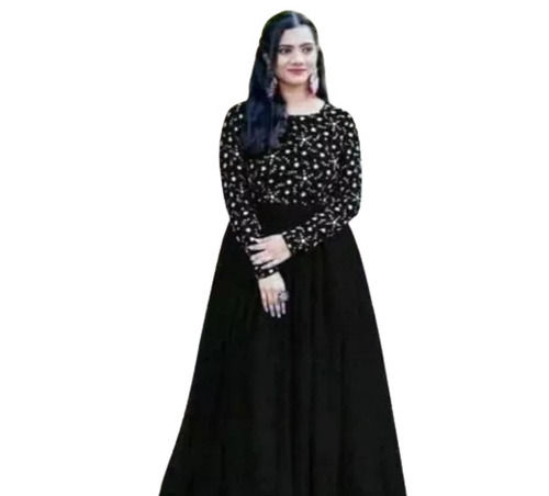 Black Color Pattern Full Sleeves Ladies Round Neck Georgette Gown