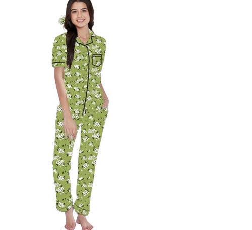 Green Color Printed Pattern Regular Fit Ladies Night Suit