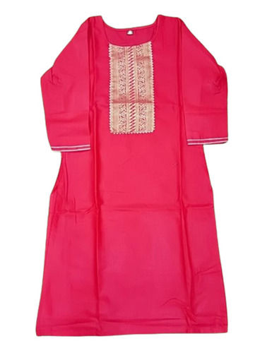 Red Color Round Neck 3/4th Sleeves Silk Cotton Kurti