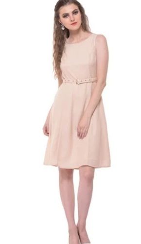 Pink Color Plain Pattern Round Neck Ladies Beige Skater Dress