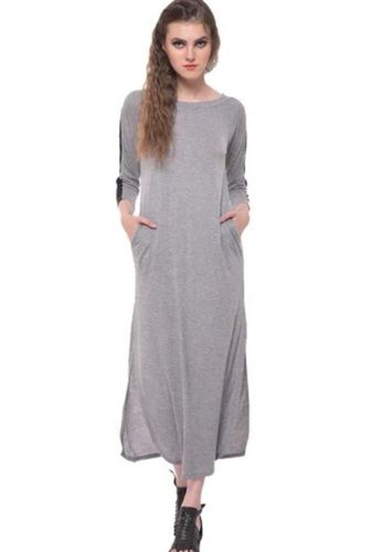 Grey Color Plain Pattern Round Neck Ladies Long T Shirt Dress