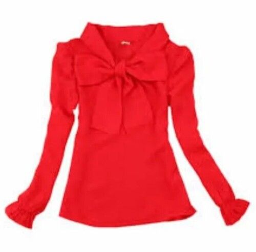 Red Color Plain Pattern Round Neck Ladies Tops For Casual Wear