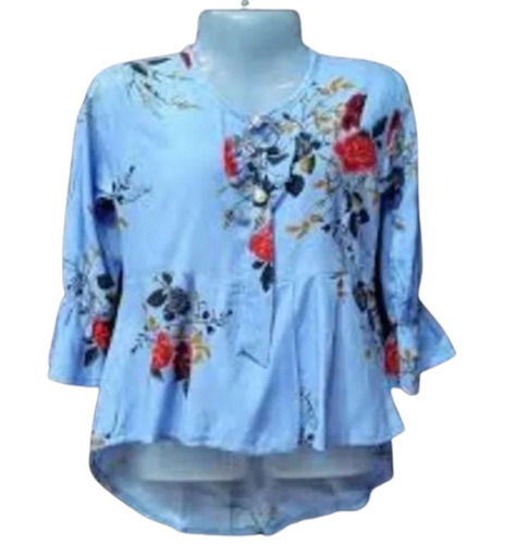 Blue Color Printed Pattern Round Neck Ladies Top For Casual Wear