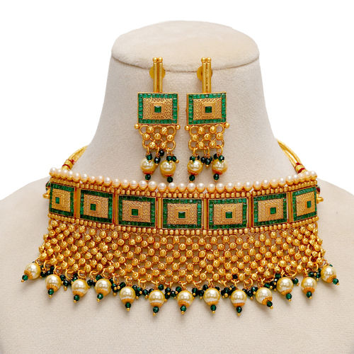 Gold Kundan Meena Chokar Necklace Set