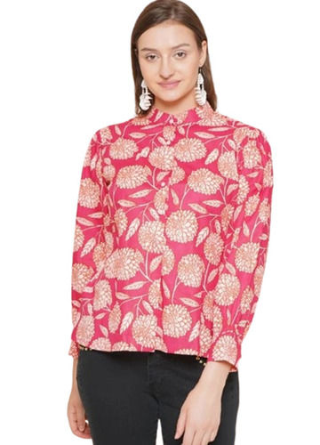 Ladies Floral Printed Band Collar Cotton Casual Shirt