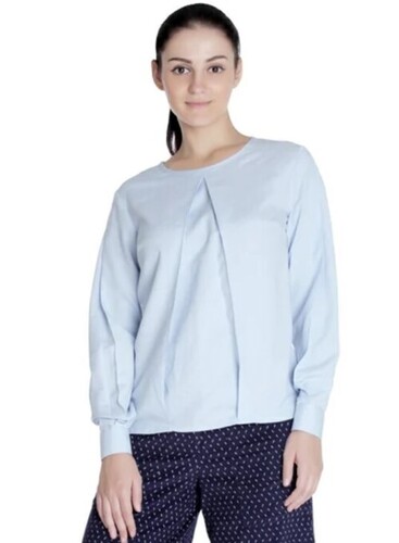 Pain Pattern Full Sleeves Round Neck Ladies Reverse Pleat Top