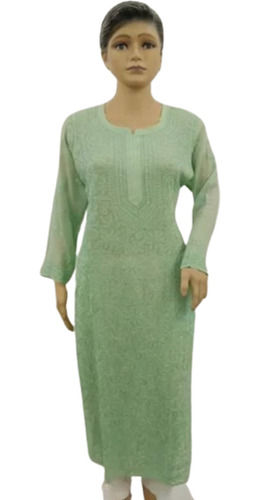 Green Color Georgette Fabric Round Neck Full Sleeves Ladies Viscose Chikan Kurtis