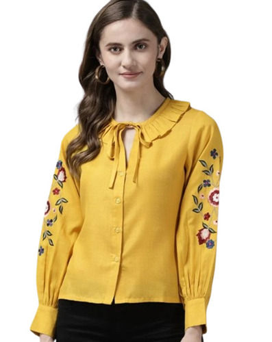 Yellow Color Embroidered Pattern Full Sleeves Ladies Top