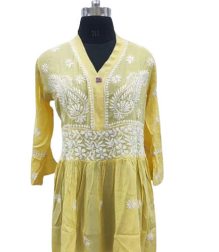 Yellow Cotton Chikan Emboidered Kurti