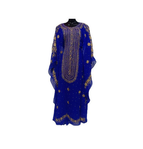 Embroidered Blue Georgette Abaya - Long Regular Fit, Round Neck | Anti Wrinkle, Breathable, Quick Dry, No Pockets