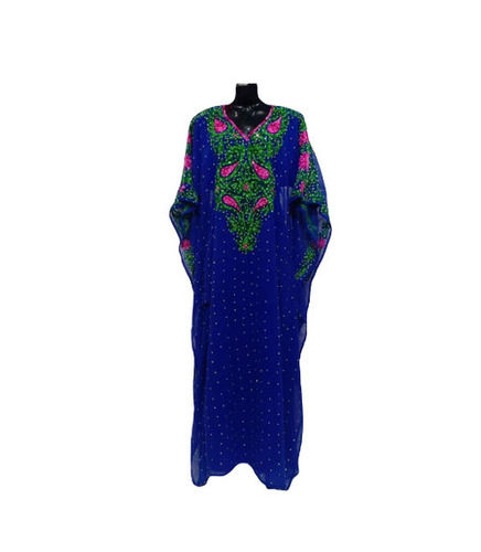 African Blue Abaya - Georgette, Size L, V-Neck Long Dress | Anti-Wrinkle, Breathable, Quick Dry, Embroidered, Summer Casual Wear