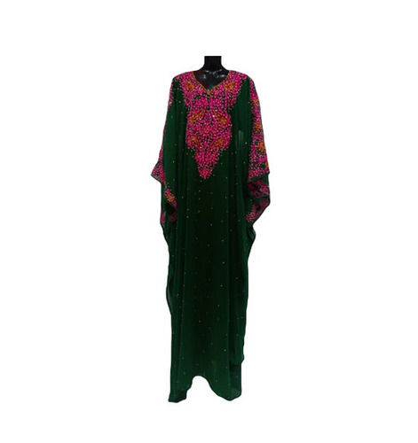 African Green Abaya - Long V-neck Regular Fit, Georgette Fabric With Embroidered Pattern | Anti Wrinkle, Breathable, Quick Dry, Washable, Summer Casual Wear For Women