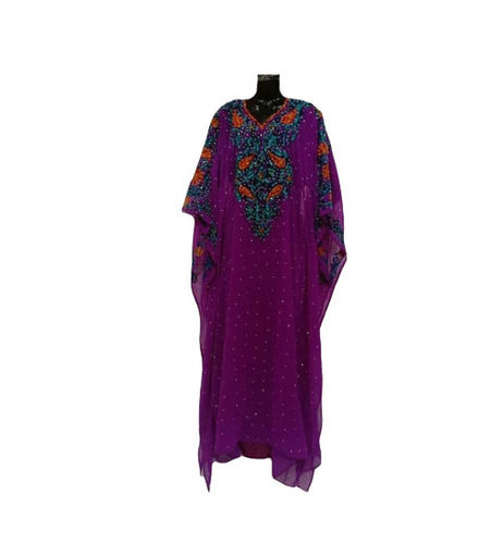 V-Neck Long Embroidered Abaya - Georgette Fabric, Size L, Purple Color | Anti Wrinkle, Breathable, Quick Dry