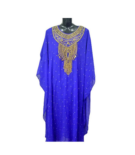 Blue Embroidered Georgette Abaya - Long Regular Fit with Round Neck | Anti Wrinkle, Breathable, Quick Dry, Casual Wear