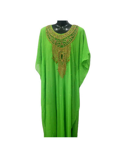 Green Georgette Abaya - Long Length, Regular Fit, Round Neck | Anti-Wrinkle, Breathable, Embroidered, Quick Dry, Washable, Perfect for Casual Wear