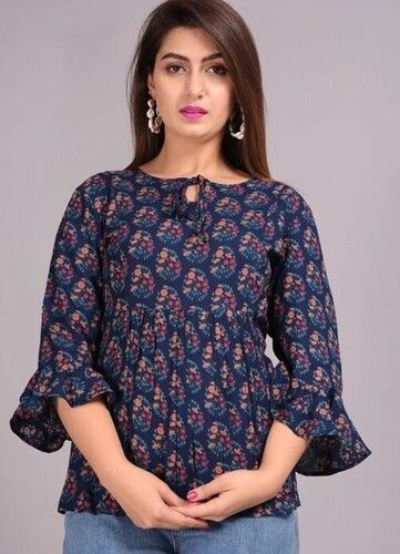 Mutli Color Printed Pattern Round Neck Ladies Fancy Top