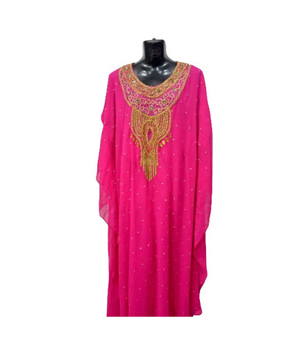 Pink Georgette Abaya - Long Regular Fit, Round Neck, Size L | Anti Wrinkle, Breathable, Quick Dry, No Pockets, Embroidered Pattern