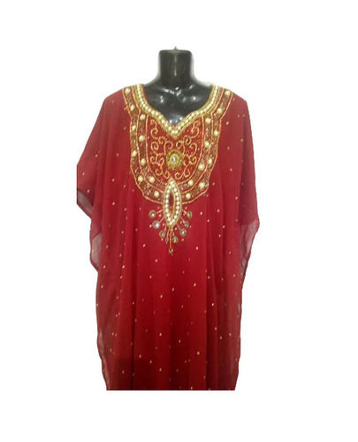 Red Embroidered Abaya - V-Neck, Long Length, Regular Fit | Anti Wrinkle, Breathable, Quick Dry, No Fade, Washable, Women's Summer Wear