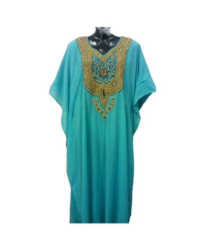 Sky Blue Georgette Abaya - Long V-Neck, Regular Fit | Anti-Wrinkle, Breathable, Quick Dry, Embroidered, Summer Wear