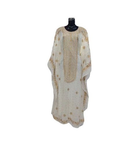 White Georgette Abaya - Long Regular Fit, Round Neck | Embroidered, Anti Wrinkle, Breathable, Washable, Quick Dry