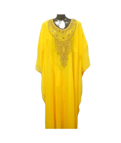 Yellow Georgette Abaya - Long Regular Fit, Round Neck, Embroidered Design | Anti Wrinkle, Breathable, Quick Dry, Washable