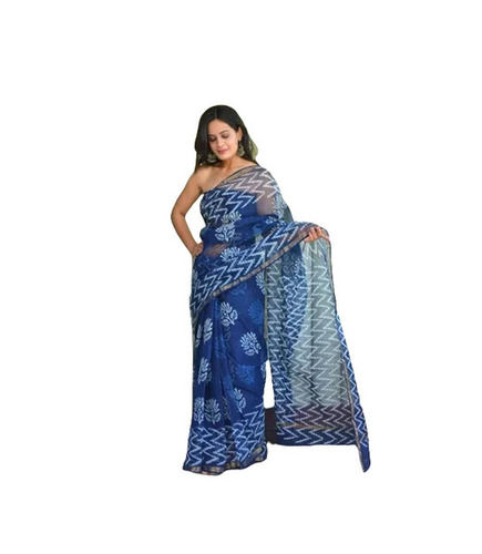 Casual Wear Light Weighted Hand Block Printed Kota Doria Cotton Sarees With Blouse Piece