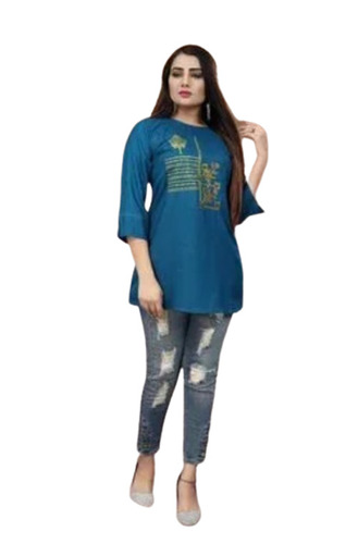 Blue Color 3/4th Sleeves Round Neck Cotton Ladies Short Top