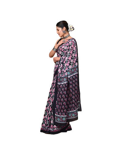 Casual Wear Light Weighted Hand Block Ajarkh Printed Mulmul Cotton Sarees With Blouse Piece