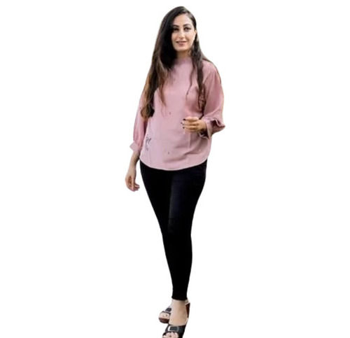 Pink Color 3/4th Sleeves Round Neck Plain Ladies Top