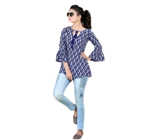 3/4th Sleeves Round Neck Printed Pattern Ladies Fancy Top