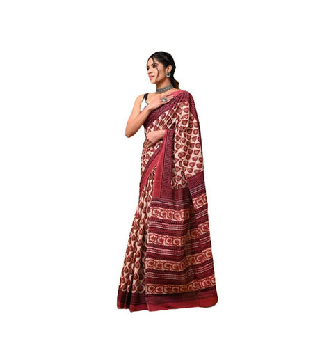 Casual Wear Light Weighted Hand Block Ajarkh Printed Mulmul Cotton Sarees With Blouse Piece